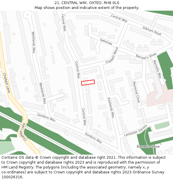 21, CENTRAL WAY, OXTED, RH8 0LS: Location map and indicative extent of plot