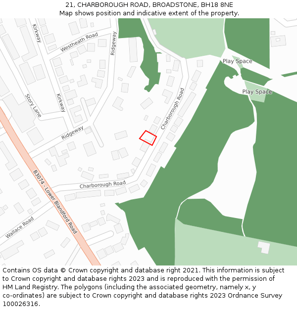 21, CHARBOROUGH ROAD, BROADSTONE, BH18 8NE: Location map and indicative extent of plot