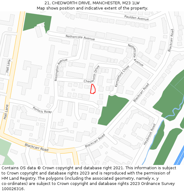 21, CHEDWORTH DRIVE, MANCHESTER, M23 1LW: Location map and indicative extent of plot