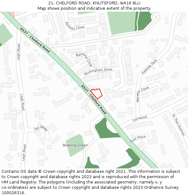 21, CHELFORD ROAD, KNUTSFORD, WA16 8LU: Location map and indicative extent of plot