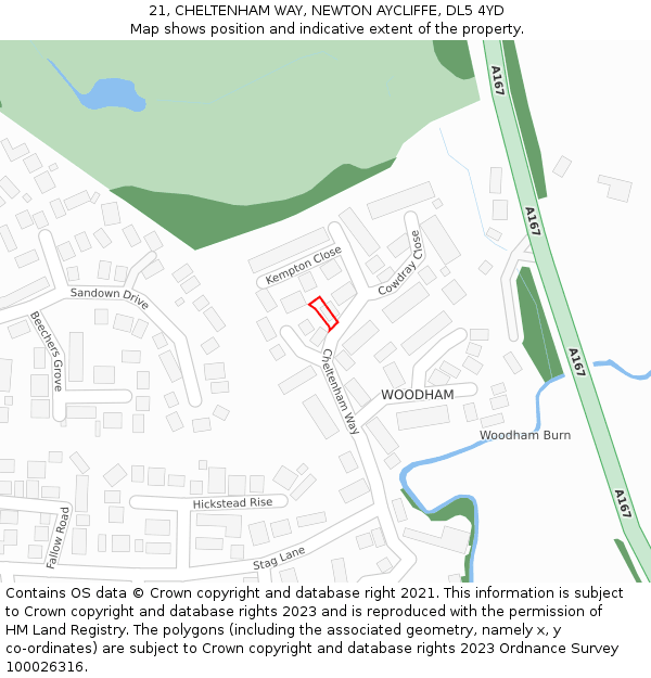 21, CHELTENHAM WAY, NEWTON AYCLIFFE, DL5 4YD: Location map and indicative extent of plot