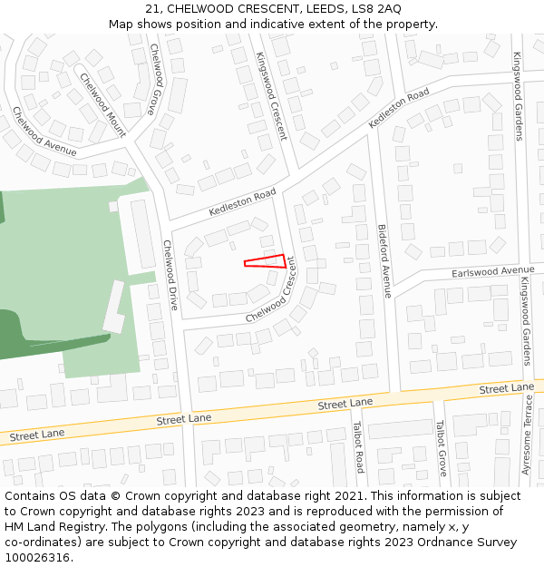 21, CHELWOOD CRESCENT, LEEDS, LS8 2AQ: Location map and indicative extent of plot