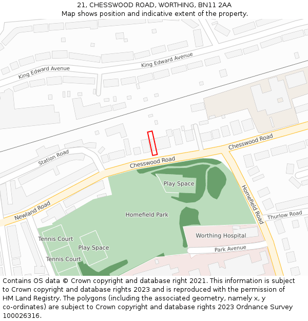 21, CHESSWOOD ROAD, WORTHING, BN11 2AA: Location map and indicative extent of plot