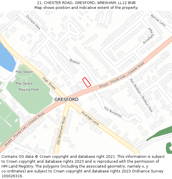 21, CHESTER ROAD, GRESFORD, WREXHAM, LL12 8NB: Location map and indicative extent of plot