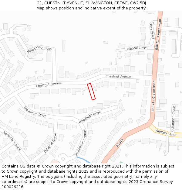 21, CHESTNUT AVENUE, SHAVINGTON, CREWE, CW2 5BJ: Location map and indicative extent of plot