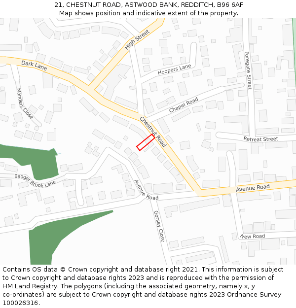 21, CHESTNUT ROAD, ASTWOOD BANK, REDDITCH, B96 6AF: Location map and indicative extent of plot