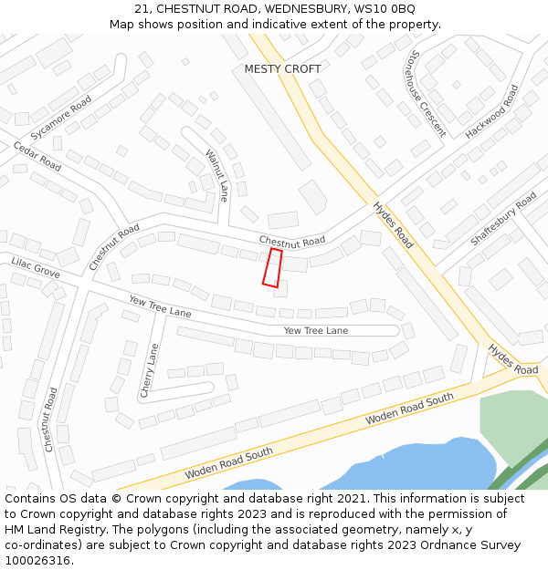 21, CHESTNUT ROAD, WEDNESBURY, WS10 0BQ: Location map and indicative extent of plot