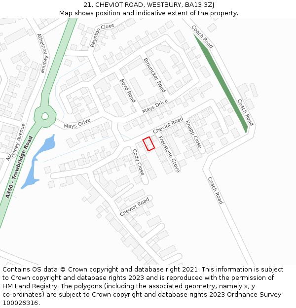 21, CHEVIOT ROAD, WESTBURY, BA13 3ZJ: Location map and indicative extent of plot