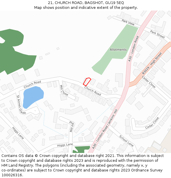 21, CHURCH ROAD, BAGSHOT, GU19 5EQ: Location map and indicative extent of plot