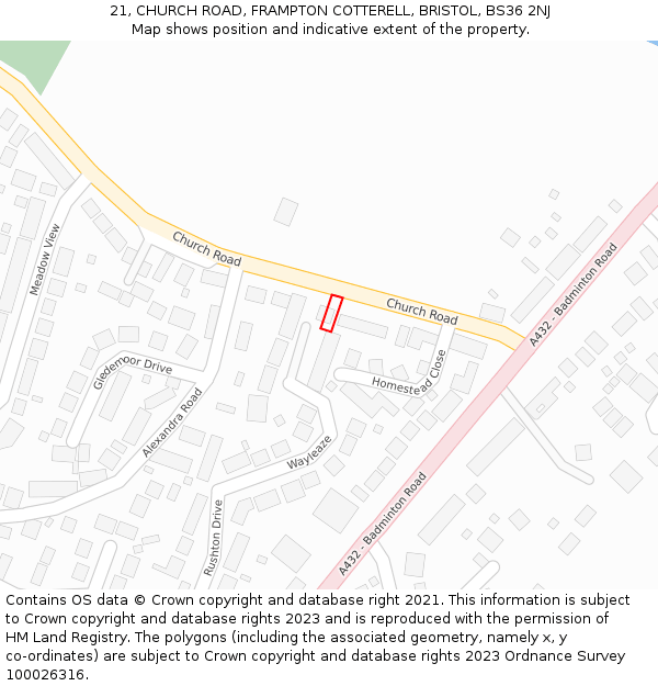 21, CHURCH ROAD, FRAMPTON COTTERELL, BRISTOL, BS36 2NJ: Location map and indicative extent of plot