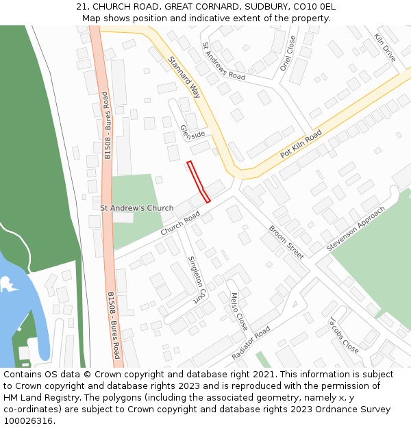 21, CHURCH ROAD, GREAT CORNARD, SUDBURY, CO10 0EL: Location map and indicative extent of plot