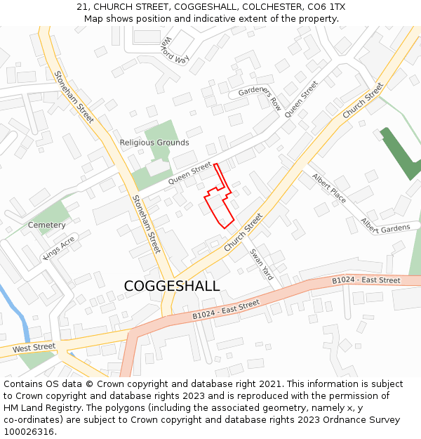 21, CHURCH STREET, COGGESHALL, COLCHESTER, CO6 1TX: Location map and indicative extent of plot