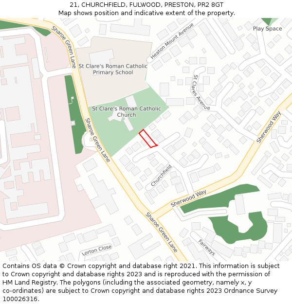 21, CHURCHFIELD, FULWOOD, PRESTON, PR2 8GT: Location map and indicative extent of plot