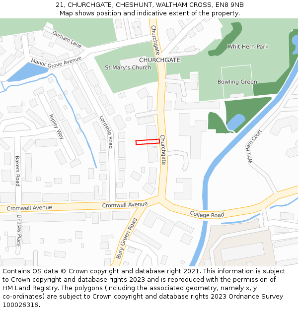 21, CHURCHGATE, CHESHUNT, WALTHAM CROSS, EN8 9NB: Location map and indicative extent of plot