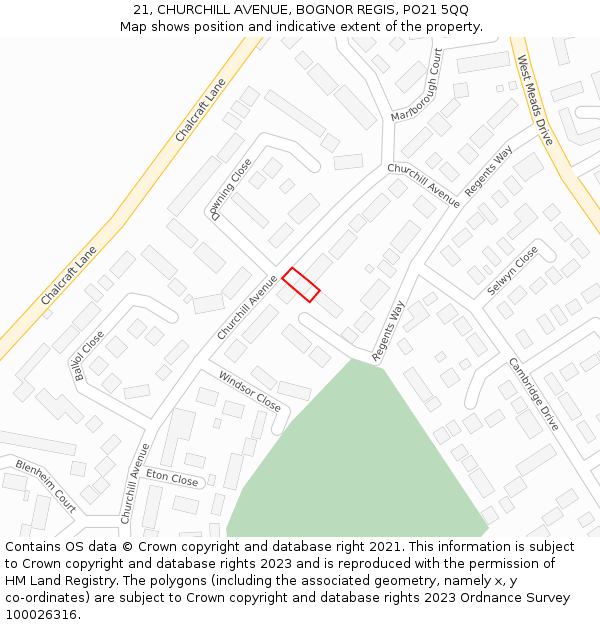 21, CHURCHILL AVENUE, BOGNOR REGIS, PO21 5QQ: Location map and indicative extent of plot