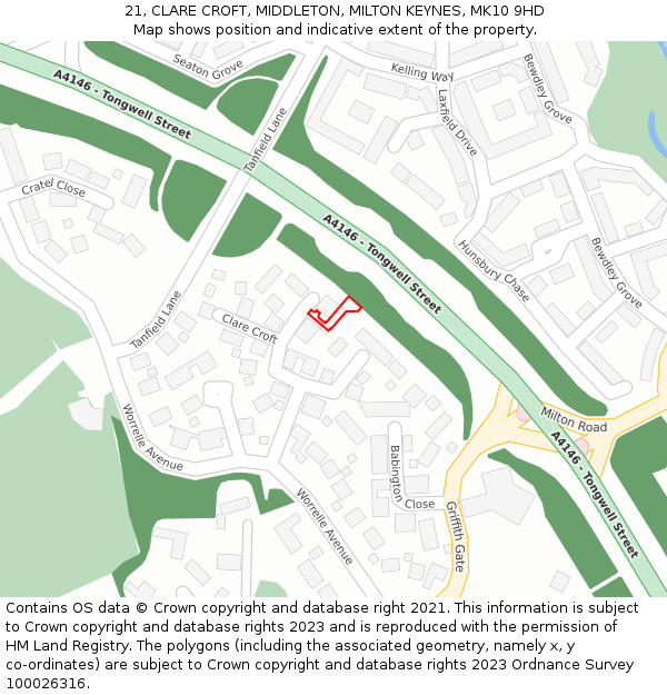 21, CLARE CROFT, MIDDLETON, MILTON KEYNES, MK10 9HD: Location map and indicative extent of plot