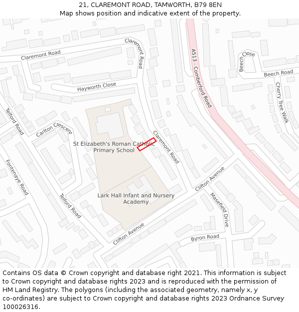 21, CLAREMONT ROAD, TAMWORTH, B79 8EN: Location map and indicative extent of plot