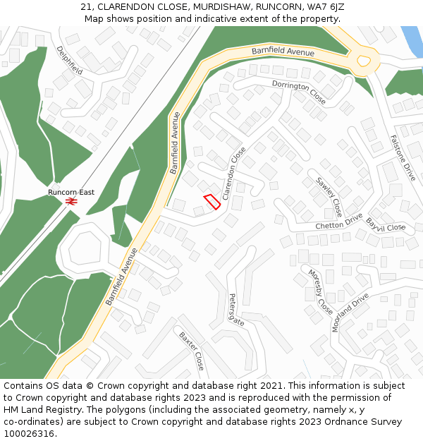 21, CLARENDON CLOSE, MURDISHAW, RUNCORN, WA7 6JZ: Location map and indicative extent of plot
