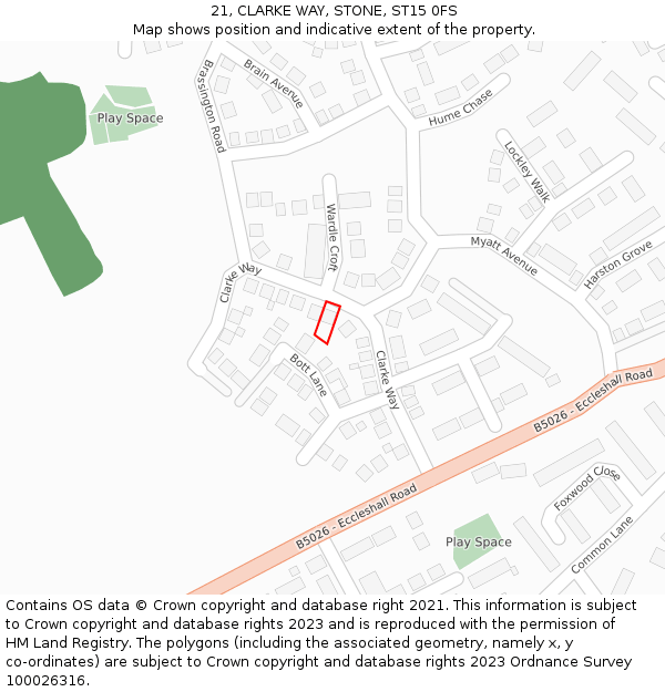 21, CLARKE WAY, STONE, ST15 0FS: Location map and indicative extent of plot