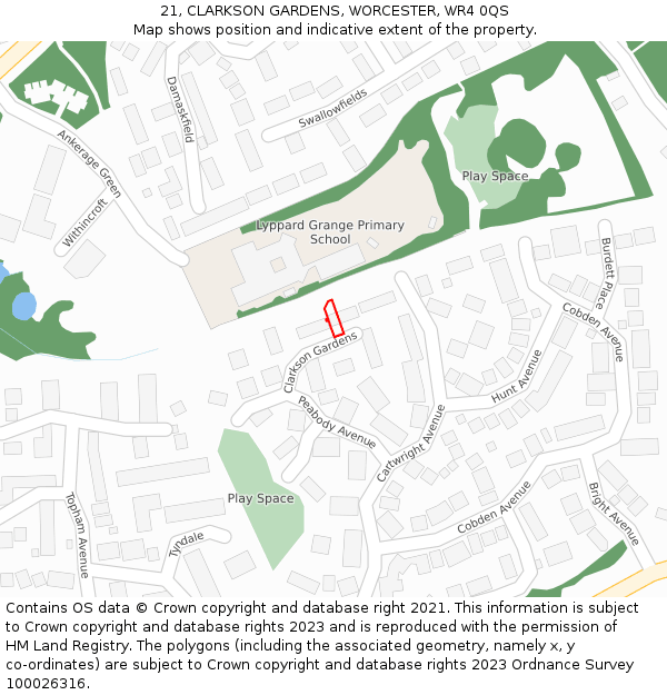 21, CLARKSON GARDENS, WORCESTER, WR4 0QS: Location map and indicative extent of plot