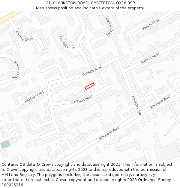 21, CLARKSTON ROAD, CARTERTON, OX18 3SP: Location map and indicative extent of plot