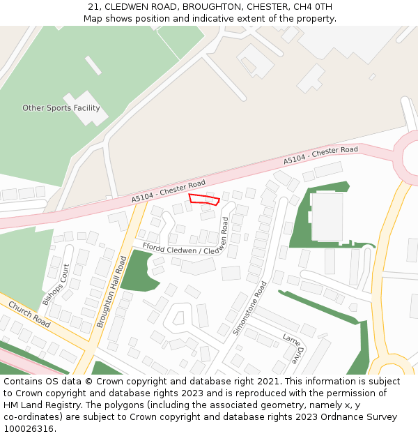 21, CLEDWEN ROAD, BROUGHTON, CHESTER, CH4 0TH: Location map and indicative extent of plot