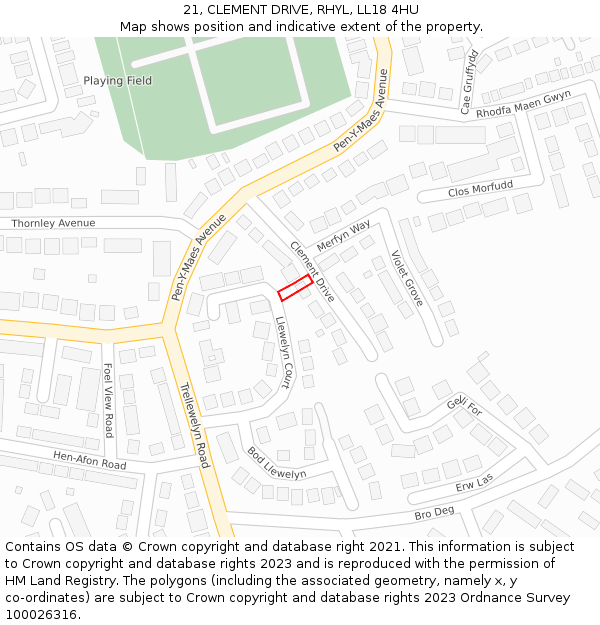 21, CLEMENT DRIVE, RHYL, LL18 4HU: Location map and indicative extent of plot