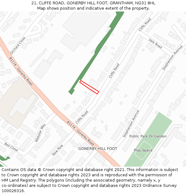 21, CLIFFE ROAD, GONERBY HILL FOOT, GRANTHAM, NG31 8HL: Location map and indicative extent of plot