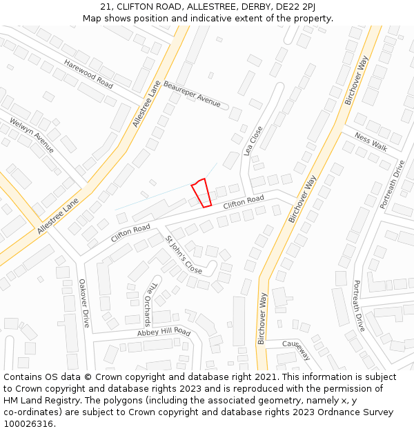 21, CLIFTON ROAD, ALLESTREE, DERBY, DE22 2PJ: Location map and indicative extent of plot