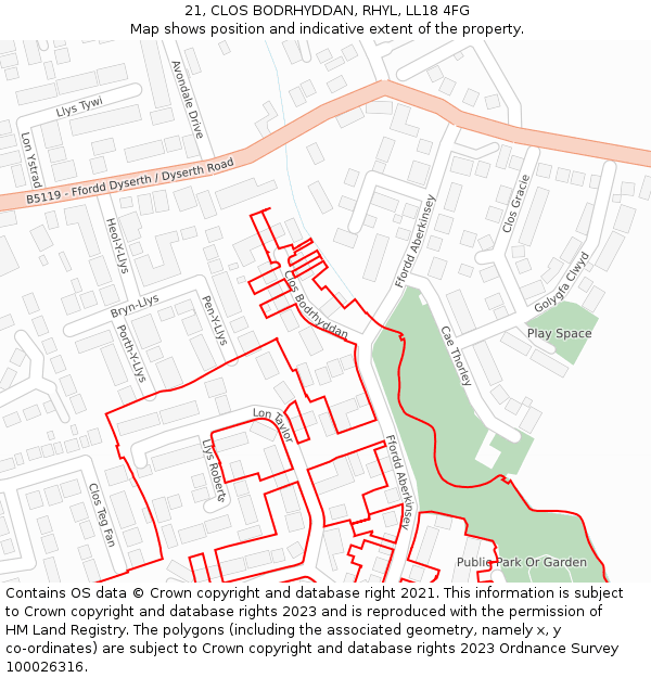 21, CLOS BODRHYDDAN, RHYL, LL18 4FG: Location map and indicative extent of plot