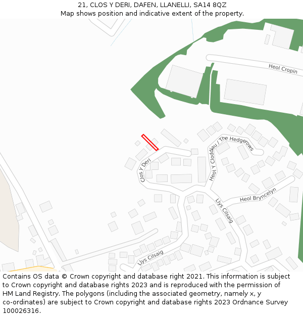 21, CLOS Y DERI, DAFEN, LLANELLI, SA14 8QZ: Location map and indicative extent of plot