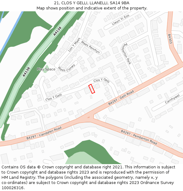 21, CLOS Y GELLI, LLANELLI, SA14 9BA: Location map and indicative extent of plot