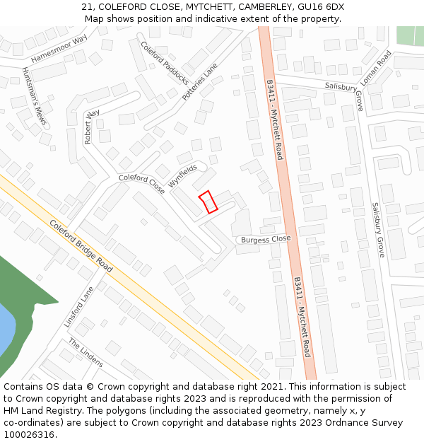 21, COLEFORD CLOSE, MYTCHETT, CAMBERLEY, GU16 6DX: Location map and indicative extent of plot