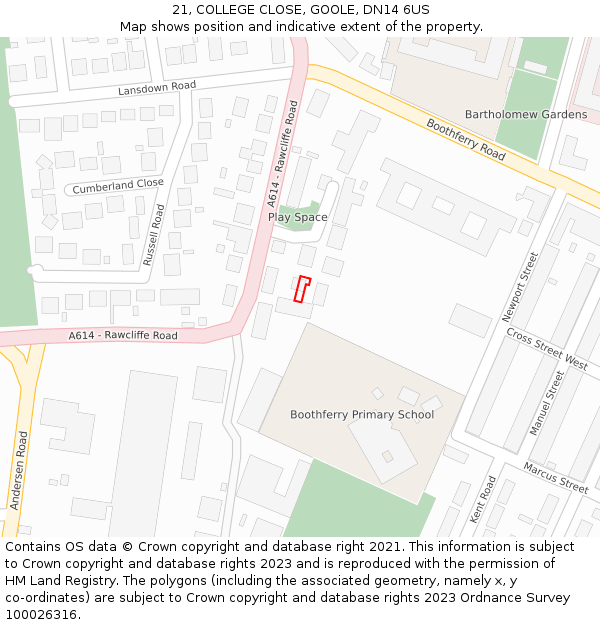 21, COLLEGE CLOSE, GOOLE, DN14 6US: Location map and indicative extent of plot