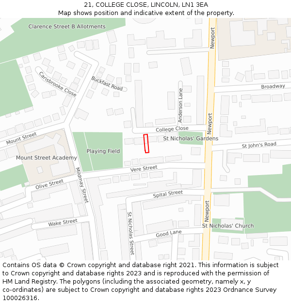 21, COLLEGE CLOSE, LINCOLN, LN1 3EA: Location map and indicative extent of plot