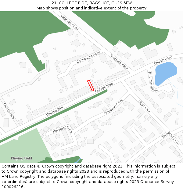 21, COLLEGE RIDE, BAGSHOT, GU19 5EW: Location map and indicative extent of plot