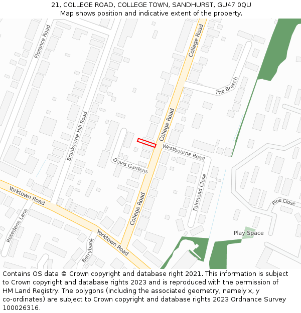 21, COLLEGE ROAD, COLLEGE TOWN, SANDHURST, GU47 0QU: Location map and indicative extent of plot