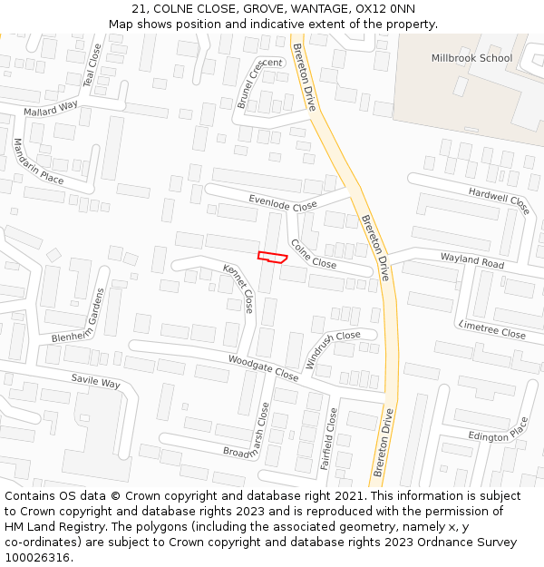 21, COLNE CLOSE, GROVE, WANTAGE, OX12 0NN: Location map and indicative extent of plot