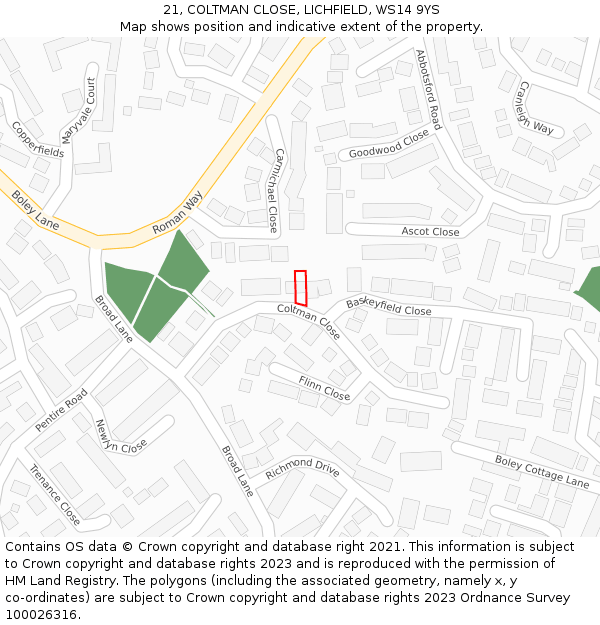 21, COLTMAN CLOSE, LICHFIELD, WS14 9YS: Location map and indicative extent of plot