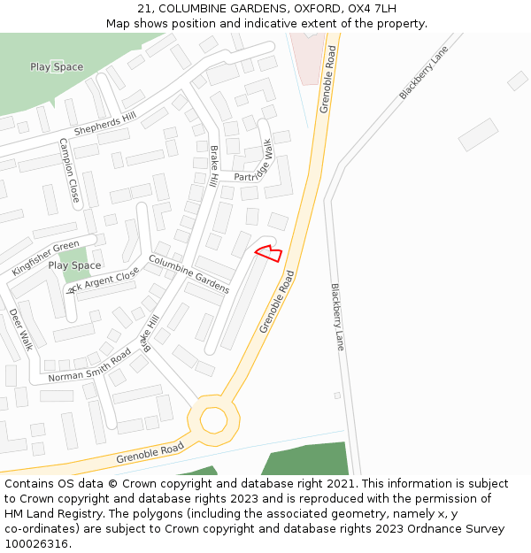 21, COLUMBINE GARDENS, OXFORD, OX4 7LH: Location map and indicative extent of plot