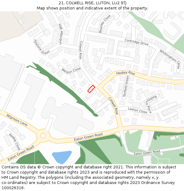21, COLWELL RISE, LUTON, LU2 9TJ: Location map and indicative extent of plot