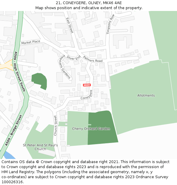 21, CONEYGERE, OLNEY, MK46 4AE: Location map and indicative extent of plot