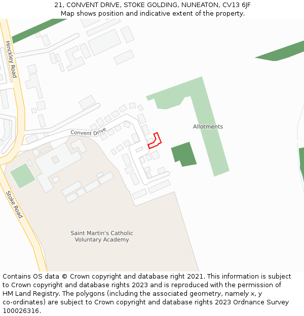21, CONVENT DRIVE, STOKE GOLDING, NUNEATON, CV13 6JF: Location map and indicative extent of plot