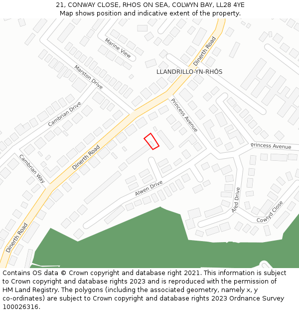 21, CONWAY CLOSE, RHOS ON SEA, COLWYN BAY, LL28 4YE: Location map and indicative extent of plot