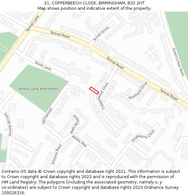 21, COPPERBEECH CLOSE, BIRMINGHAM, B32 2HT: Location map and indicative extent of plot