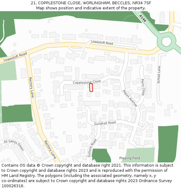 21, COPPLESTONE CLOSE, WORLINGHAM, BECCLES, NR34 7SF: Location map and indicative extent of plot