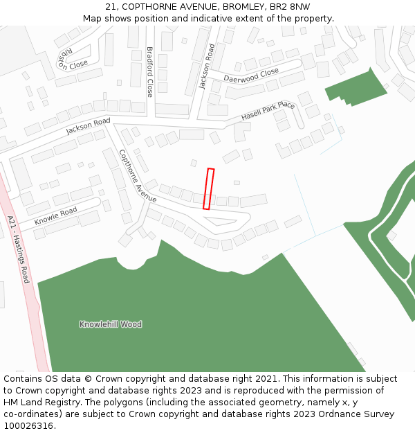 21, COPTHORNE AVENUE, BROMLEY, BR2 8NW: Location map and indicative extent of plot