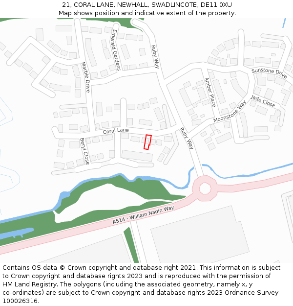 21, CORAL LANE, NEWHALL, SWADLINCOTE, DE11 0XU: Location map and indicative extent of plot