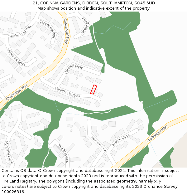 21, CORINNA GARDENS, DIBDEN, SOUTHAMPTON, SO45 5UB: Location map and indicative extent of plot