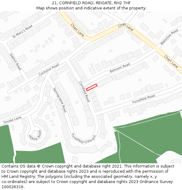 21, CORNFIELD ROAD, REIGATE, RH2 7HF: Location map and indicative extent of plot